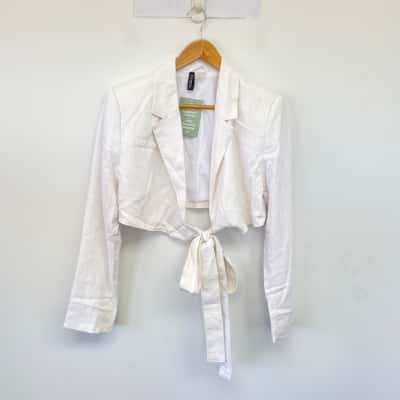 H&M White Front Knot Crop Linen Blazer Size S 