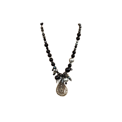 Mimco Womens Beaded Necklace Black  / Silver Tone with Teardrop Pendant