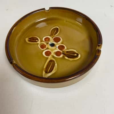 Stoneware Ashtray 1960s Flower Deco Brown Glaze 