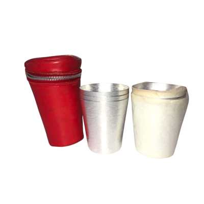 6x vintage anodised cups in red leather case with bottle opener