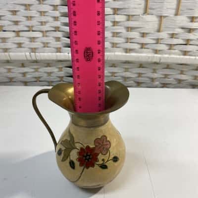 Brass cloisonné pitcher features hand-painted floral enamel work 