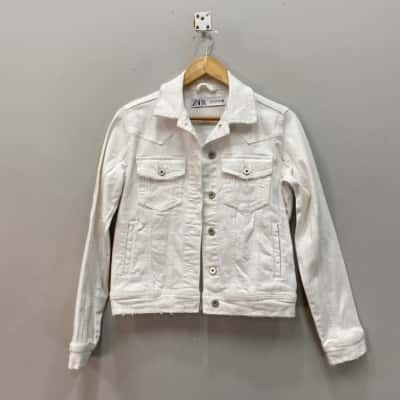 Zara Womens  Size S Stretch Distressed Denim Jacket White 