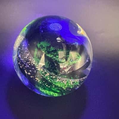 Glowing Art Glass Green, Blue & Gold Fleck Swirl Paperweight