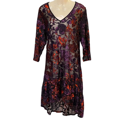 Taking Shape Womens  Size XS Long Sleeve Dress / Midi Dress Black  / Floral / Orange / Pattern / Purple 