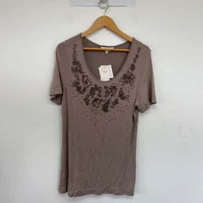 Capture Mocha Embellished Classic Fit Short Sleeve Top  Size 10 