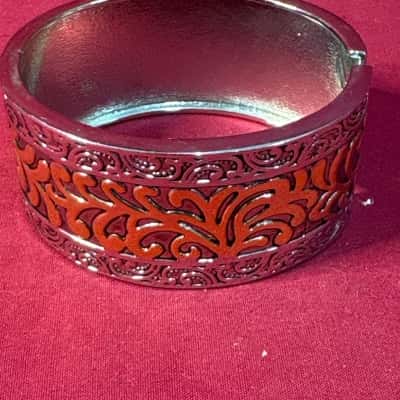  Women's Silver Tone Cuff Bangle with Gold Tone Embossed Design