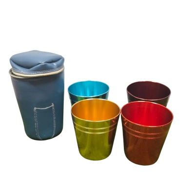 Peacock Ware Set Of 4 Anodised Cups In Holder