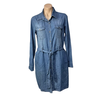 Love Look Womens Size L Blue Denim Long Sleeve Shirt Dress with Belt