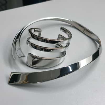 Calvin Klein Silver Stainless Steel Choker Collar Necklace & Cuff Bracelet Set