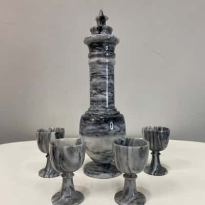 Vintage Marble Lidded Decanter & 4 x mini marble glasses