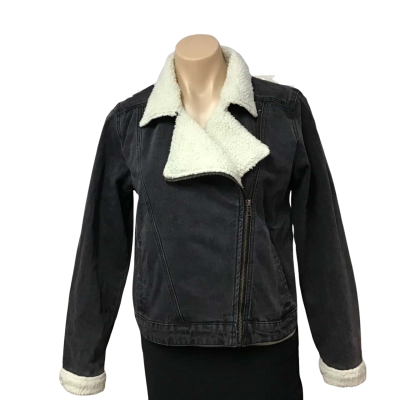 *REDUCED* Miss Rebellion Womens Size M Black/Off White Denim Jacket With Fleece Trim