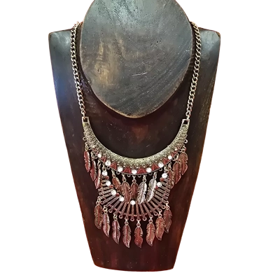  Womens Bib Necklace Brass Colour Boho Feather and Diamante Necklace