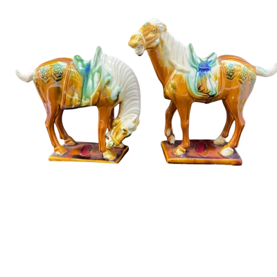 A Pair of Tang Dynasty Horses Glazed Ceramic Juidi Brand Tang Sancai Luoyang Fine Pottery Factory China 