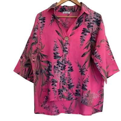 Made in Italy.  Vibrant Fuchsia Botanical Leaf Linen Top.  Size ?