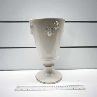 CC Interiors Cream Ceramic Bee Relief Footed Urn Vase French Country Goblet