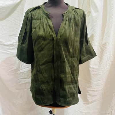 COUNTRY ROAD Size 10 Short Sleeve Linen & Silk Shirt Green 