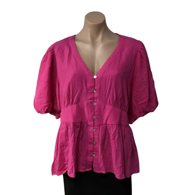 Just Jeans Womens Size 16 Hot Pink Linen Blend Button Up Short Sleeve Top (new)