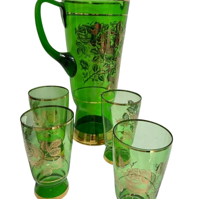 Green glass jug & 4 Cups Gold Design 