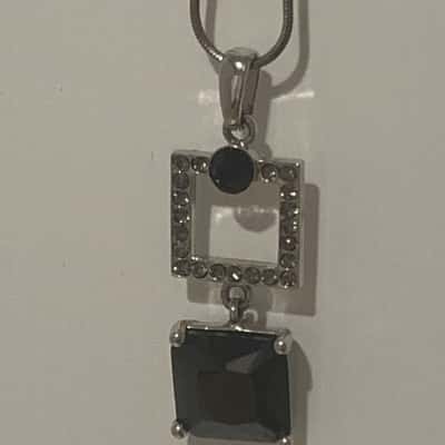 Black Glass and Rhinestone Silver tone Costume Necklace