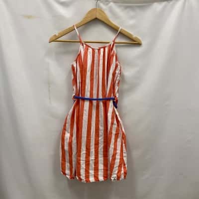 Peter Alexander Kids Cotton Dress Size 8 Orange / Striped / White 