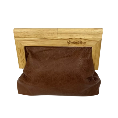 Yellow bird Brown Leather Clutch Bag