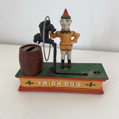 Vintage Clown & Trick Dog Cast Iron Mechanical Money Bank