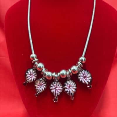  Women's Silver Tone Snake Chain featuring Handcrafted Glass Pendants with Purple Floral Details Necklace 