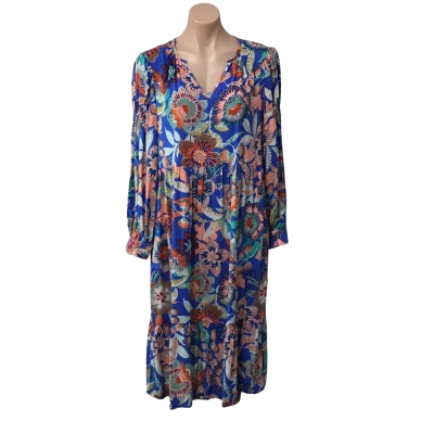 Tu Womens Size 10 Blue / Coral / Green / Red Floral Long Sleeve Midi Dress