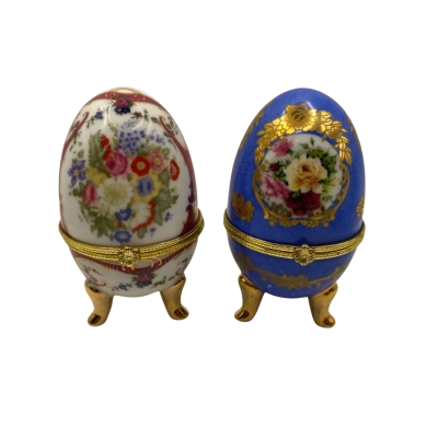 2 x Limoges porcelain egg shaped trinket boxes