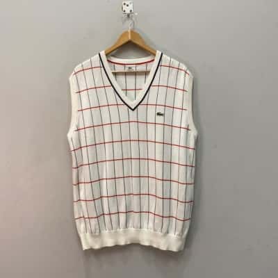 Lacoste Mens  Size L Knit Sweater Vest Blue / Off White / Red 