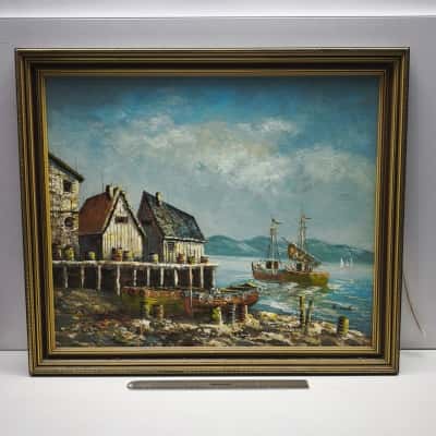 Vintage Signed K Condon Impasto Oil Painting Harbor Fishing Boats