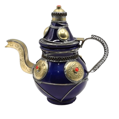  Vintage Moroccan Ceramic Decorative Teapot In Traditional Cobalt Blue Glaze With Handmade Metal Overlay & Metal Handle, Spout & Lid - See Pics For Design 17cm Height  (brica shelf)