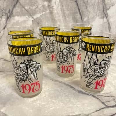 6 Glass Tumblers Barware Kentucky Derby 1975 Horse Racing VTG 100th Anniversary