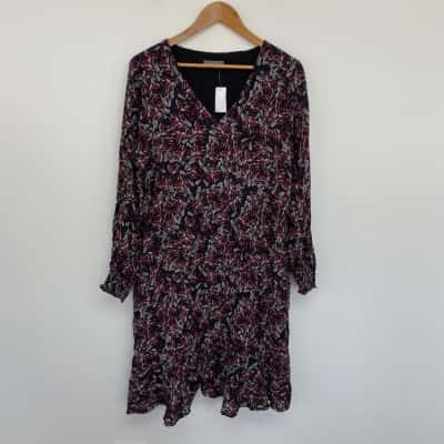 Jacqui-E Black Red Floral Long SLeeve Midi Dress  Size 14 