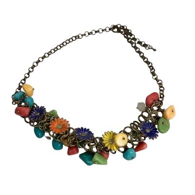 Vintage Enamel Daisy & Gemstone Statement Necklace 