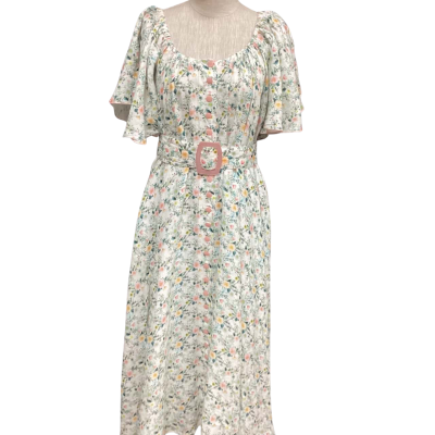  Gul Hurgel  One Size Short Sleeve Midi Dress Floral / Green / Pink  