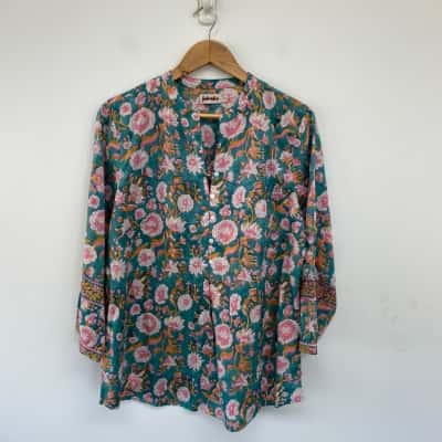 Fabindia Blue Floral Long Sleeve Shirt Top Size XL 