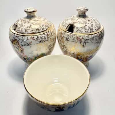 Vtg. Empire England Gold Chintz Ivory Ware “Crinoline Lady"  sugar bowls Set 3