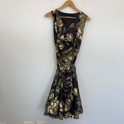 Charlie Brown Black Beige Floral Sleeveless Tulle Midi Dress Size 10 