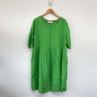 Donna Donna Green 100% Linen Short Sleeve Midi Dress Size M / S 