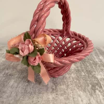 Vintage CopperArt Pink Woven Porcelain Basket
