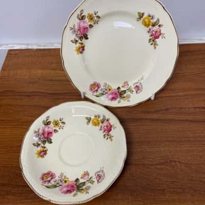 Vintage Royal Swan pink/yellow flowers bone china side plate and saucer