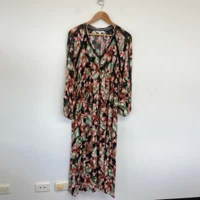 Country Road Black Green Floral Long Sleeve Maxi Dress  Size 12 