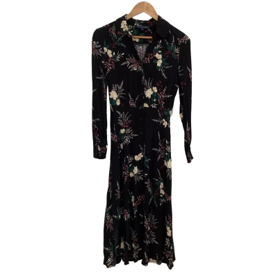 French Connection Womens  Size 6 Floral Dress / Long Sleeve Dress / Midi Dress Black  / Floral / Multicoloured 