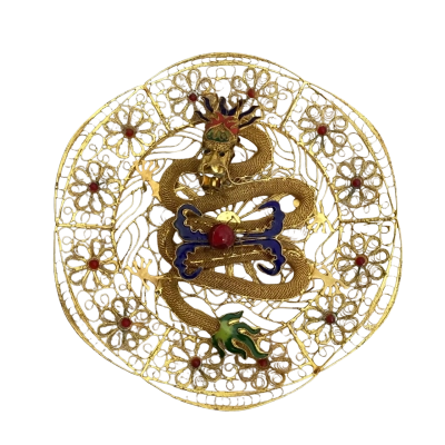 Vintage Chinese Enamelled Cloisonné Dragon Plate with Stand and Box 