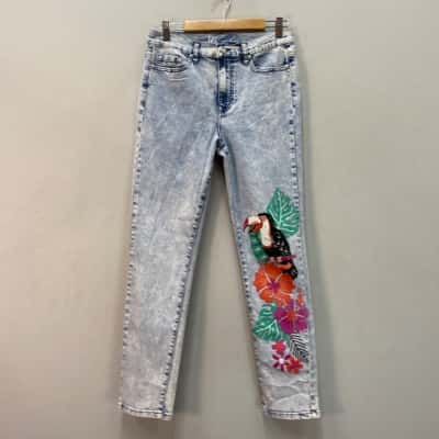 Diane Gillman DG2 Womens Toucan Tropical Print Size 10 Distressed  Stretch Jeans Blue 