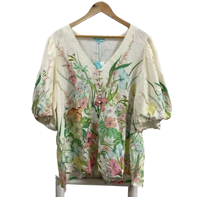 Blue Illusion Womens  Size 3L Botanical Print Puff Sleeve Blouse 