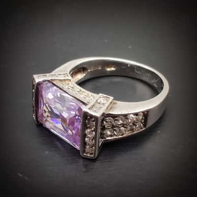 Beautiful Cocktail Ring 925 Silver With C.Z. & Violet Emerald Cut Crystal