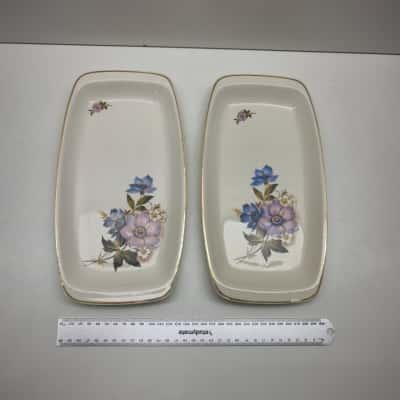 Vintage Romanian Ceramic Rectangular Serving Dish Pair Floral Gold Trim FS Stamp