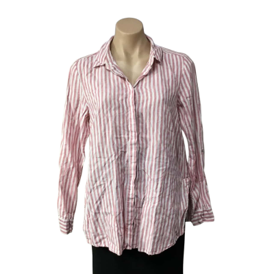 Blue Illusion Womens Size M Red / White Striped 100% Linen Long Sleeve Shirt